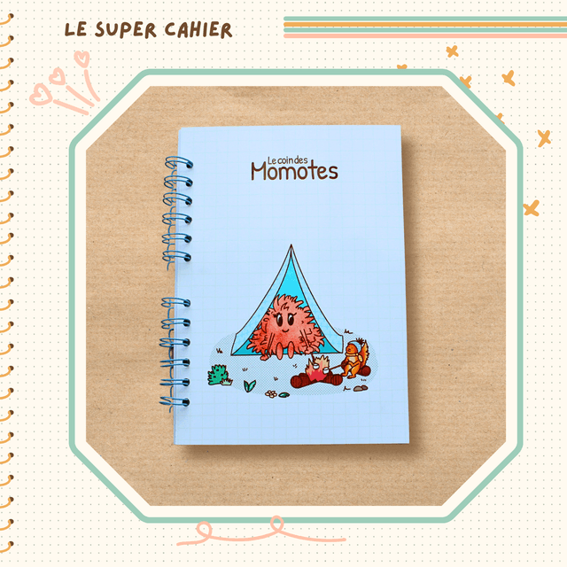 Cahier reliure spirale illustré d'une momote en camping