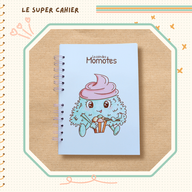 Cahier reliure spirale illustré d'une onctueuse momote