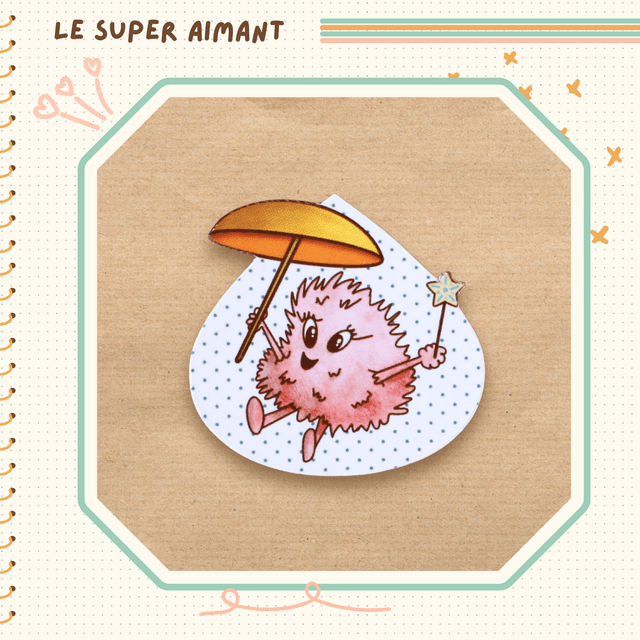 Un super aimant momote volante fond blanc à pois bleu